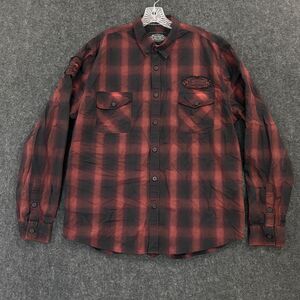 Lethal Threat Motorgear Flannel Shirt Men's XL Red Black Plaid Skull Patch Biker